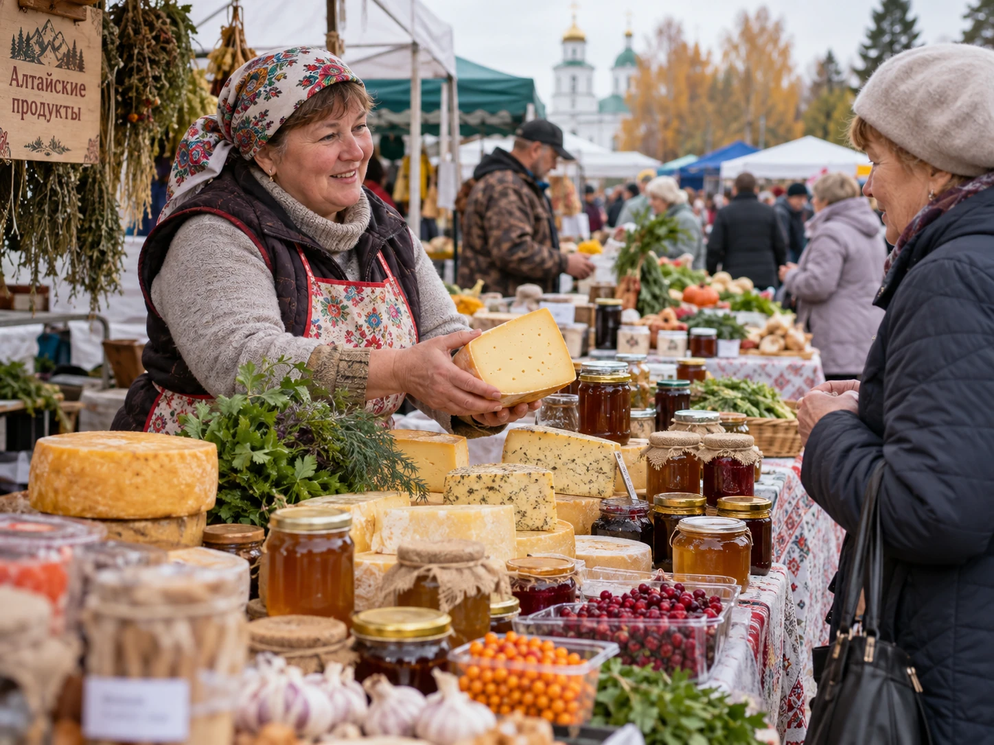 Продажа алтайских фермерских продуктов на ярмарке